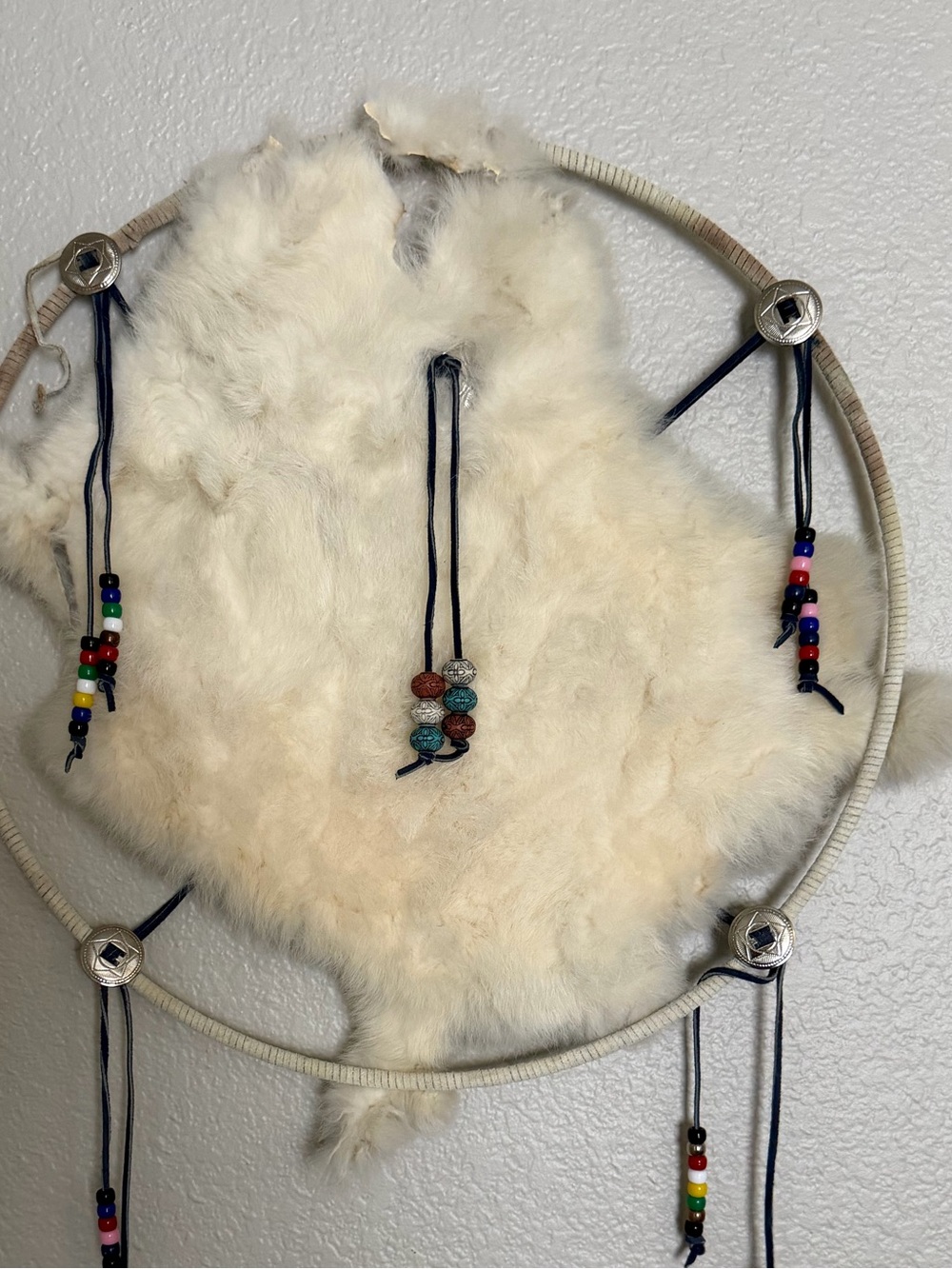 Southwestern fur and beaded mandala wall hanging western decor